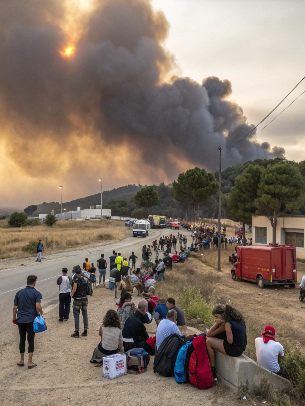 Catalonia Fire Crisis image showing smoke billowing over evacuated neighborhoods
