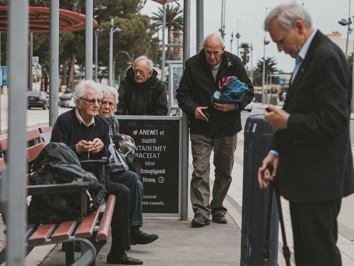 Elderly residents waiting at a bus stop in Denia