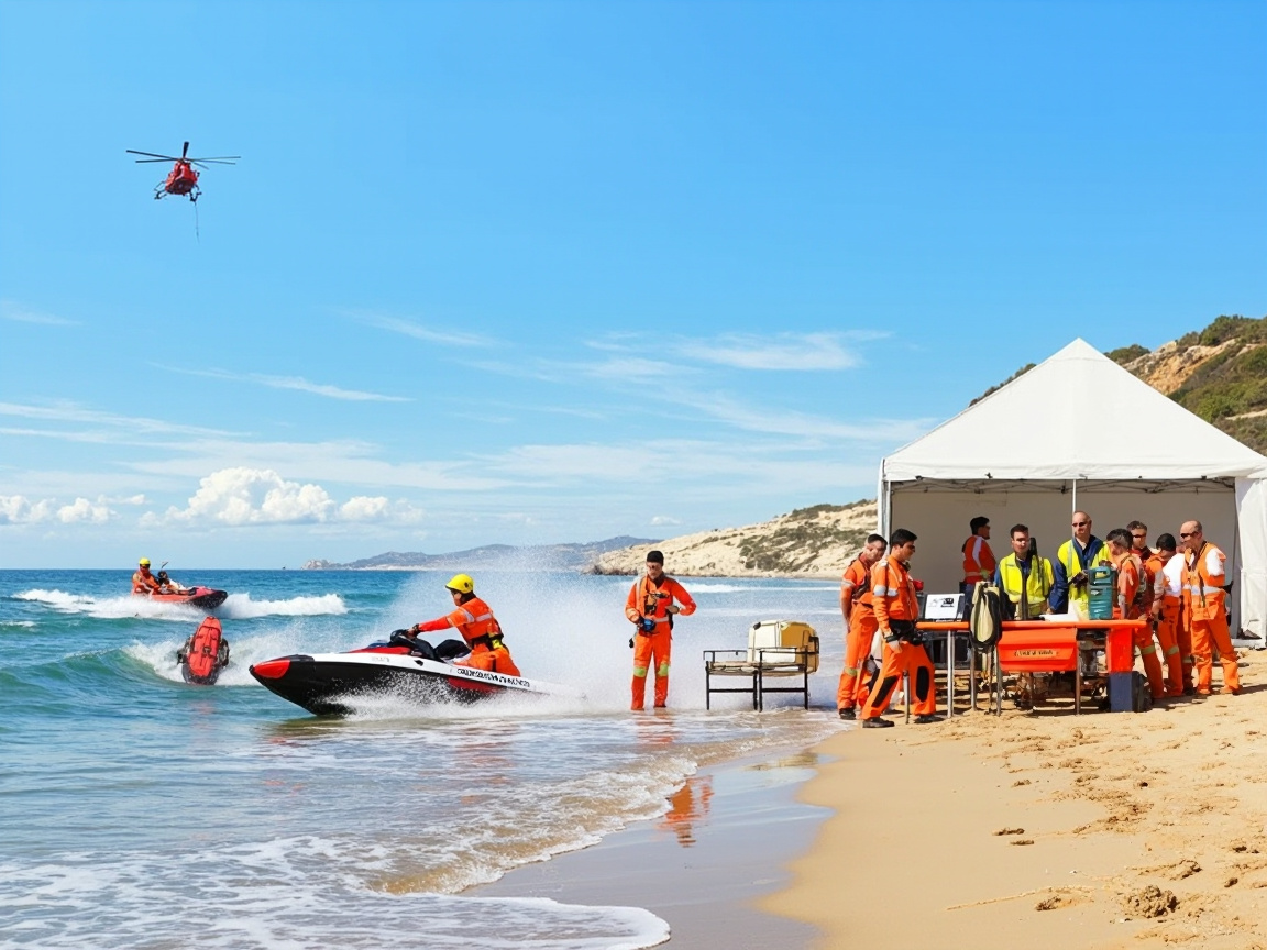 Emergency Services Conduct Coastal Rescue Drill at Albir Beach Safety Training Exercise