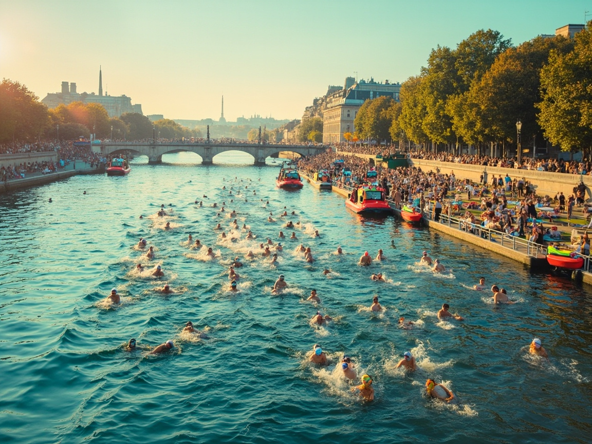 Parisians swimming in the Seine River