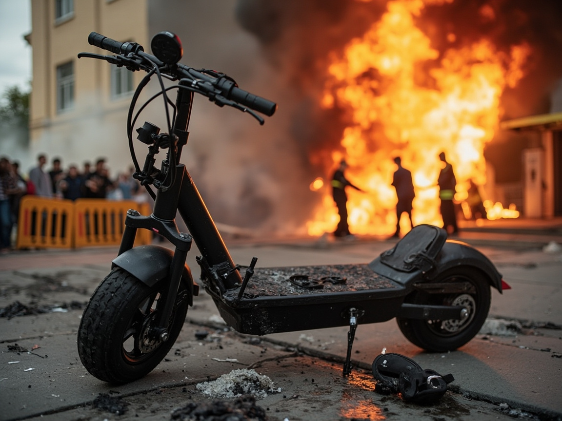 Electric scooter fire aftermath showing burnt debris and damaged structure